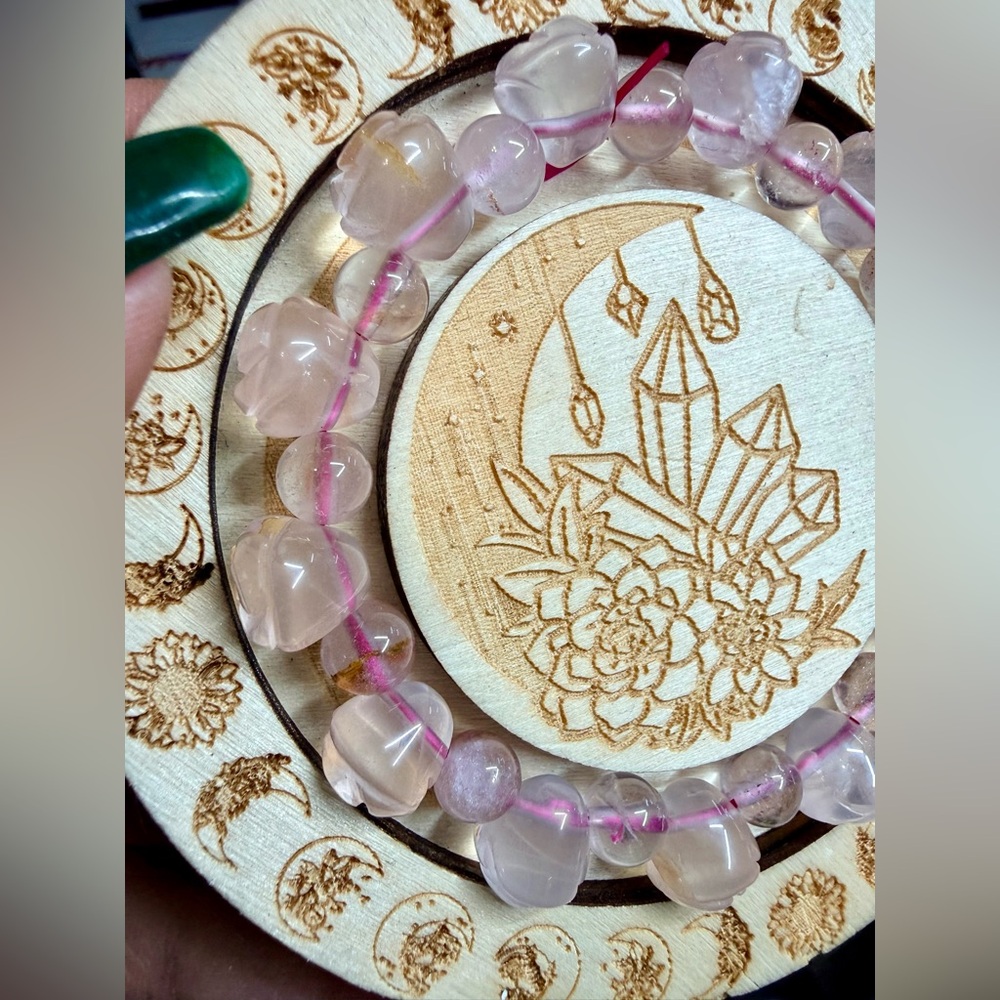 Rose Quartz Carved Rose Bracelet – 9x10mm | Golden Healer Inclusions